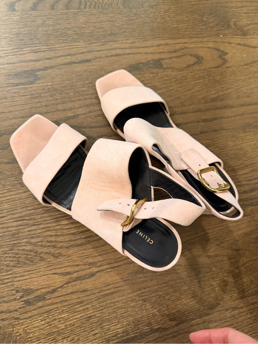 Celine Blush Pink Suede Slingback Sandals with Gold Buckle